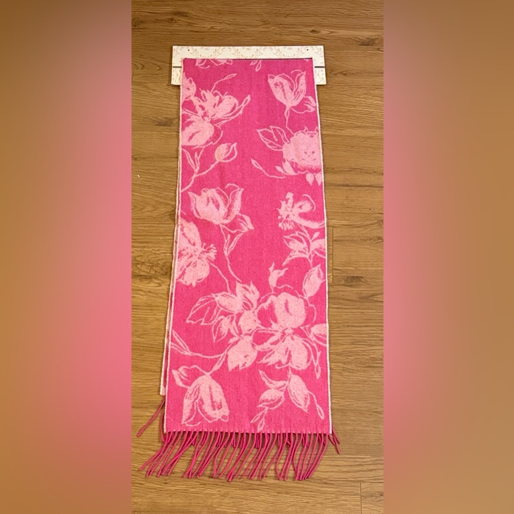 100% Cashmere Floral Pink Scarf with Fringe